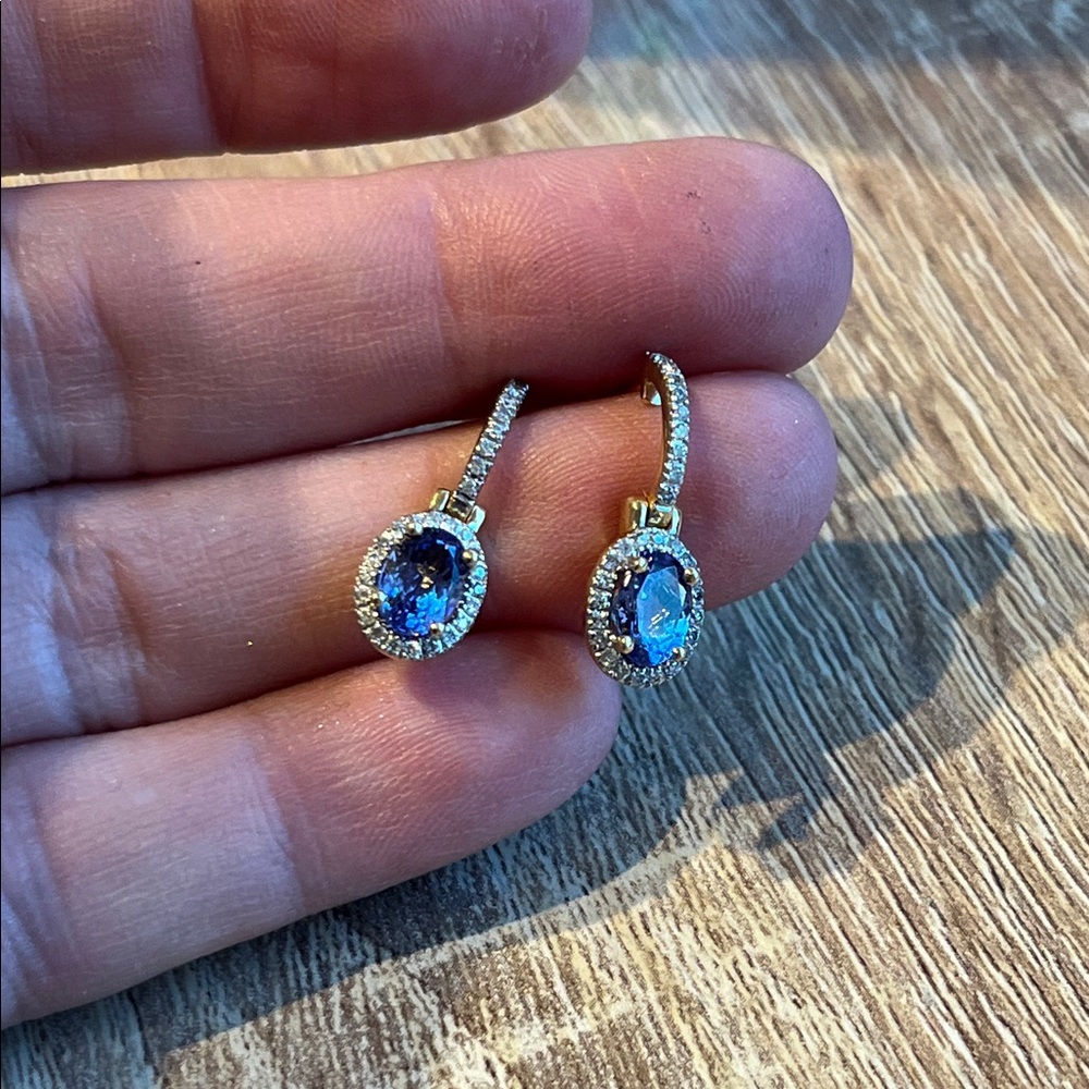 14k Gold diamond tanzanite Drop Earrings. Oval Gemstones with diamond Pavé Halos - Picture 9 of 13